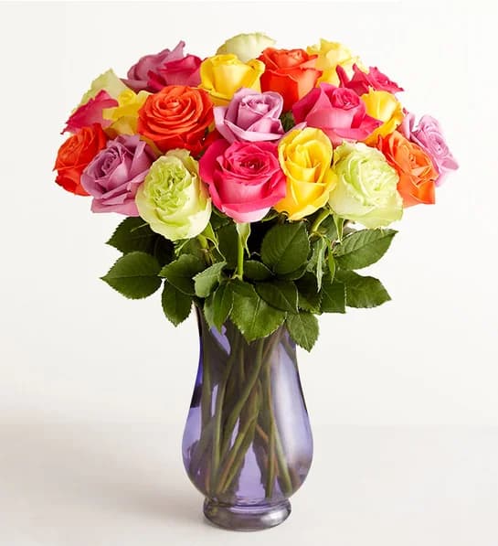 Rainbow Roses in Violet Glass